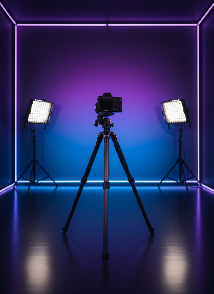 A sleek, high-end home content studio without people, featuring a premium mirrorless camera on a sturdy carbon-fiber tripod facing an illuminated backdrop. The backdrop blends a gradient of deep violet and electric blue, suggesting OnlyFans and Fansly branding without logos. LED panel lights with honeycomb grids flank the scene, casting crisp, controlled light and subtle reflections on a glossy black floor. Soft accent neons outline the room’s edges, creating a bold, modern glow. Photographic realism, shot at eye level with a shallow depth of field, keeping the camera and tripod in sharp focus while the background falls into smooth bokeh. The mood is professional, confident, and slightly edgy, communicating a high-performance content-creation environment.