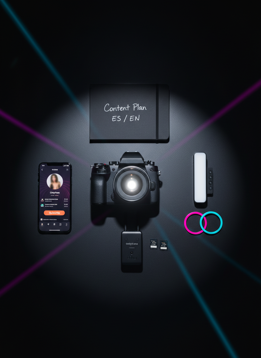 A dramatic flat-lay scene of premium content-creation gear neatly arranged on a matte black surface, viewed from a perfect bird’s-eye perspective. At the center lies a professional mirrorless camera with a fast prime lens, surrounded by a smartphone with a clean OnlyFans-style interface mockup, wireless microphone kit, compact LED light panel, SD cards, a sleek notebook labeled “Content Plan ES / EN,” and colored gel filters in magenta and cyan. Focused spotlighting from above creates strong highlights and crisp shadows, while faint neon reflections introduce a bold, nightlife vibe. Photographic realism with sharp focus across the entire frame. The mood is energetic and organized, conveying high-level preparation and creative potential for creators working with a model agency.