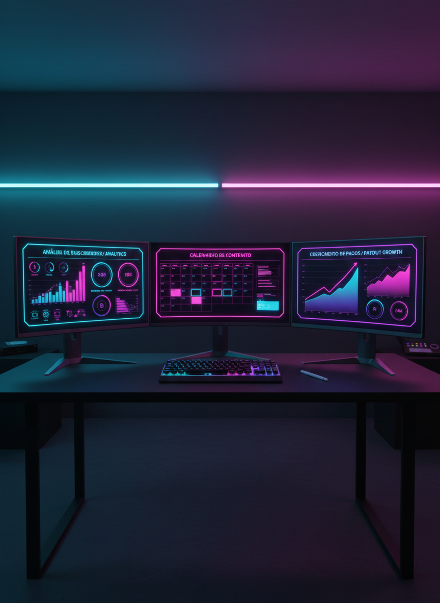 A clean, futuristic control room desk without people, featuring three ultra-wide curved monitors forming a seamless arc, each displaying different dashboards: subscriber analytics, content calendar, and payout growth graphs. The interfaces use bilingual headings in Spanish and English with bold, neon-accented UI elements inspired by OnlyFans and Fansly colors, avoiding direct logos. A compact mechanical keyboard with customizable RGB backlighting and a wireless stylus rest on a matte dark desk. Subtle LED strips run along the wall, glowing in gradients of cyan and magenta. Studio-style softboxes off-frame create even, low-contrast lighting with a faint reflective sheen on the monitor edges. Photographic realism, symmetrical frontal composition with shallow depth of field subtly blurring the room’s edges. The mood is decisively high-tech, data-focused, and empowering for professional creators.