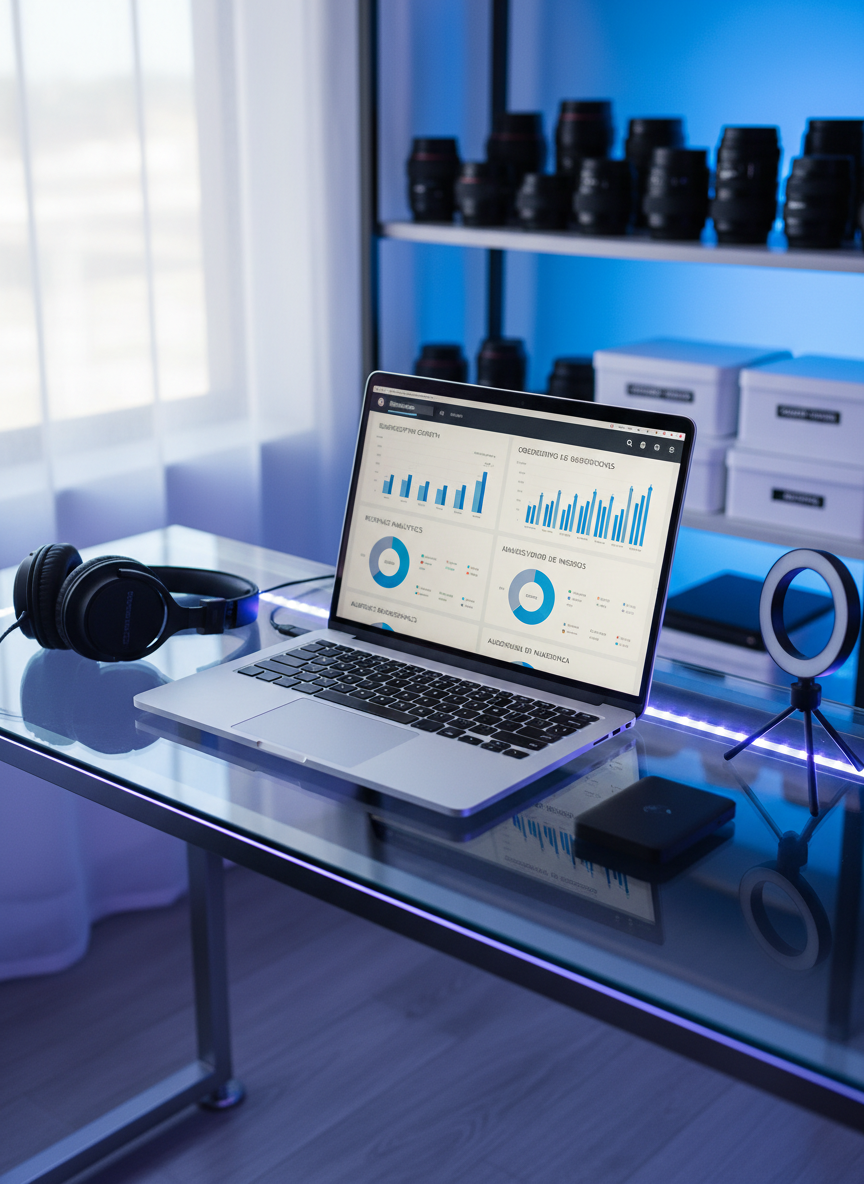 A minimalist glass desk setup optimized for adult content strategy work, without people, holding an open high-resolution laptop displaying analytic charts and subscription growth graphs in both English and Spanish interface text. Surrounding the laptop are neatly arranged studio headphones, a small ring light, and a sleek external SSD drive. Behind the desk, blurred RGB-lit shelving displays camera lenses and discreetly labeled storage cases. Soft, diffused daylight enters from a side window, mixed with cool-toned LED strips under the desk, creating a dynamic, productive atmosphere. Photographic realism, captured from a slightly elevated three-quarter angle, with the laptop as the central focus and a subtle depth of field. The mood is bold, data-driven, and aspirational, ideal for a bilingual OnlyFans model agency homepage hero image.