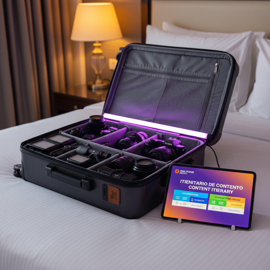An organized, agency-branded travel setup laid out on a hotel bed with crisp white linens, no people present. A sleek hard-shell suitcase lies open, revealing carefully packed camera bodies, lenses in padded dividers, foldable LED lights, and a compact gimbal. Next to it, a tablet displays a bilingual content shoot itinerary labeled in Spanish and English, with colorful blocks for “Colaboraciones,” “Sesiones,” and “Contenido Premium.” A subtle neon-purple glow from a portable tube light casts soft, edgy highlights across the gear, contrasting with the warm ambient hotel lamp lighting. Photographic realism, shot from a slightly elevated angle, capturing the full arrangement with moderate depth of field. The mood is adventurous, professional, and bold, emphasizing organized creator trips arranged by the OnlyFans model agency.