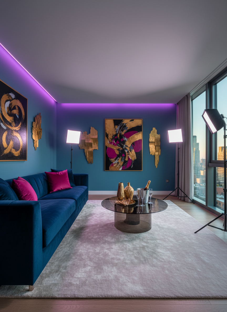 A luxurious modern living-room style content apartment without people, designed for collab shoots, featuring a plush velvet sofa in deep midnight blue, accented by bold magenta cushions and a low smoked-glass coffee table. Light stands with softboxes are set discreetly in the corners, pointed toward an empty center space, hinting at a ready-to-shoot set. LED strips wash the back wall with a gradient of purple and teal, reflecting softly on metallic decor and a large abstract artwork. Golden hour city light filters through floor-to-ceiling windows, mixing with the colored LEDs to create a rich, cinematic ambience. Photographic realism, wide-angle lens from a corner perspective, preserving architectural lines. The mood is glamorous, playful, and exclusive, perfect for promoting high-end creator collaborations and agency-managed locations.