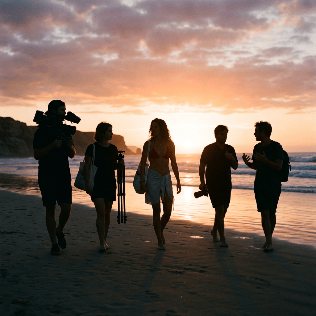 Five people walking on a sandy beach at sunset carrying camera equipment and bags